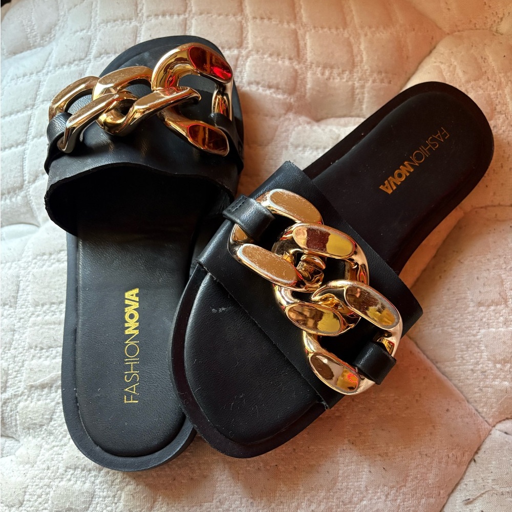 Fashion Nova Black Slide Sandals with Gold Chain Detail